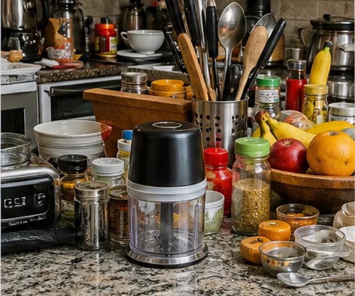 Кухненски чопър сред разсейващ фон и множество предмети